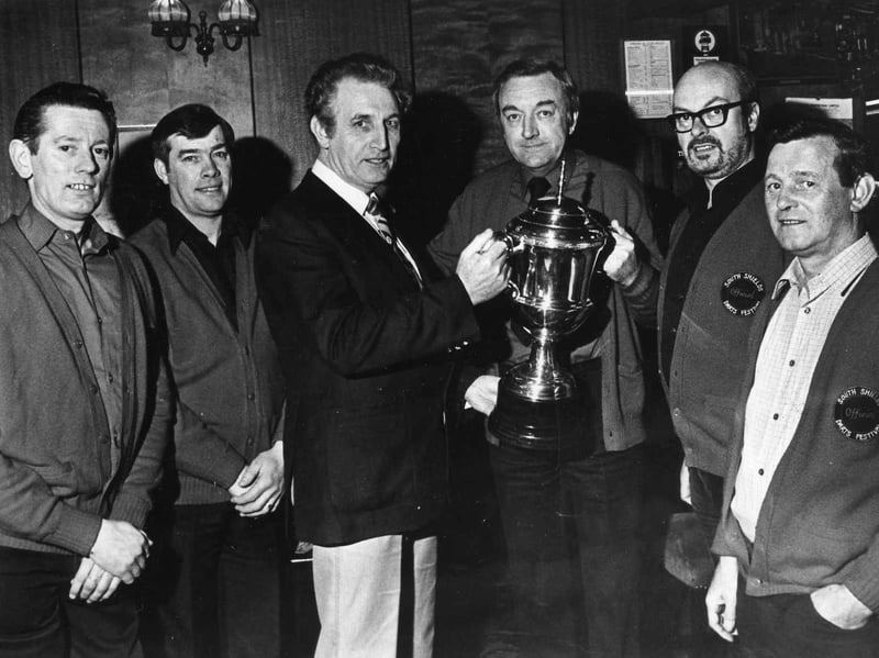 It was trophy presentation time in 1981 and the Steve Gabriele and Jeff Judson Memorial Trophy was being presented.
Jimmy Matthews, third from left, handed it over on behalf of the Simonside Arms, hands it over to Dick Kirkup from the South Shields Darts Festival. 