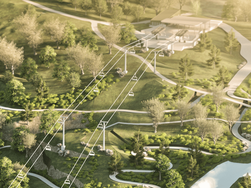 A central feature is plans for a chair lift funnelling visitors to the Skyline Luge, a gravity-fed downhill karting experience. The luge's track can be see winding down the hill.