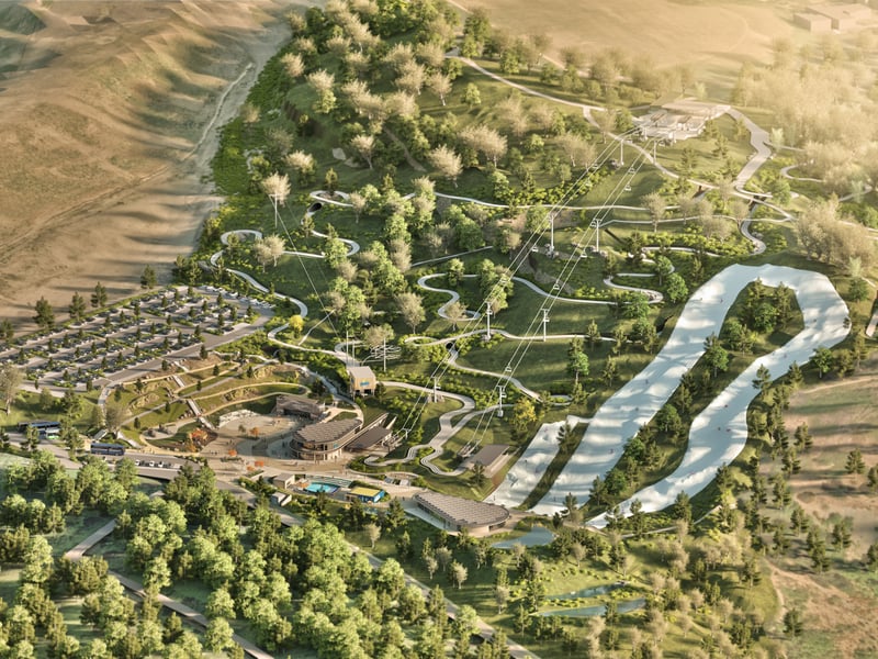Skyline Enterprises released this artist's impression of an aerial view of their plan for the former Ski Village in Parkwood Springs, Sheffield. Visible is a car park, ski slope, and its signatured gravity-fed downhill karting track, dubbed the Skyline Luge.