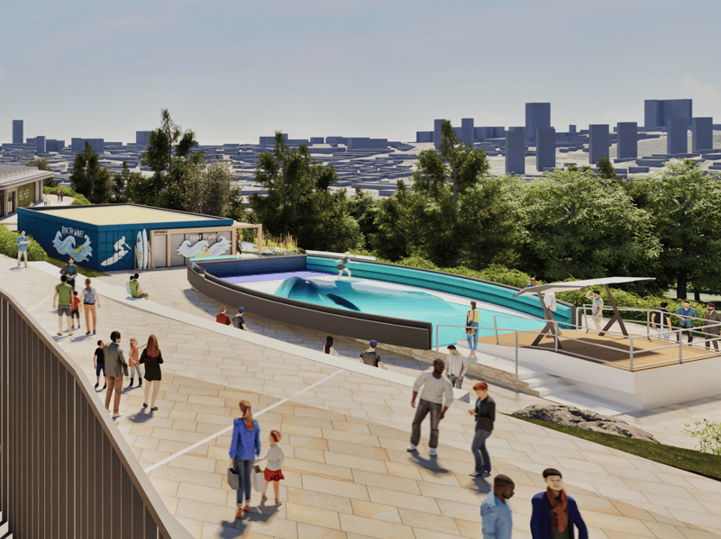 The imagined view from the upper floor of the central plaza building also shows the planned surfing experience, as well as a view of Sheffield's horizon.