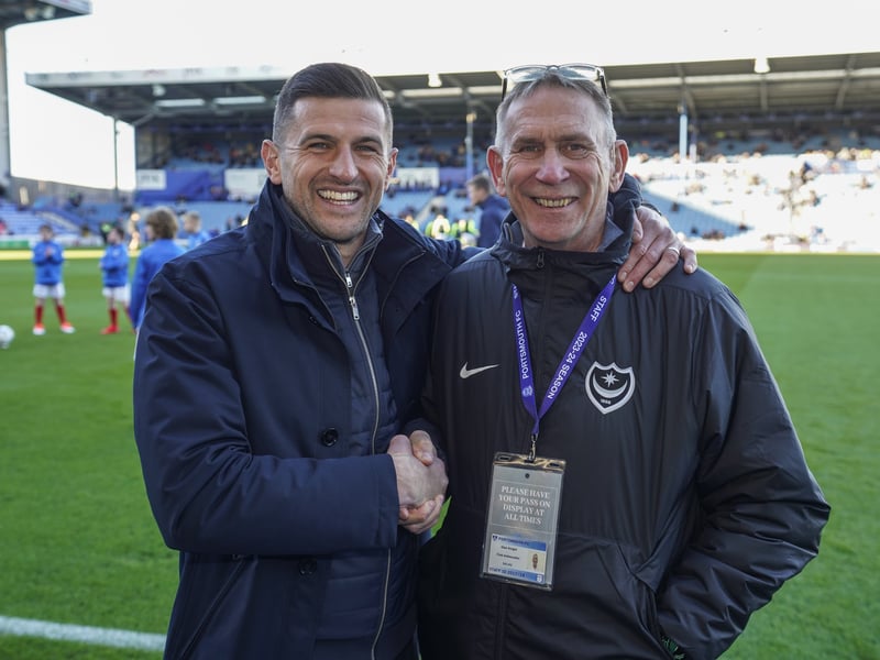 Portsmouth Head Coach John Mousinho and Alan Knight during the EFL Sky Bet League 1 match between Portsmouth and Blackpool at Fratton Park.
Pictured 25 November 2023.