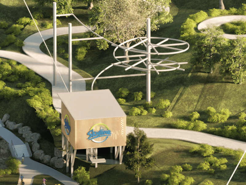 One structure would appear to be a zipline, but it isn't clear.