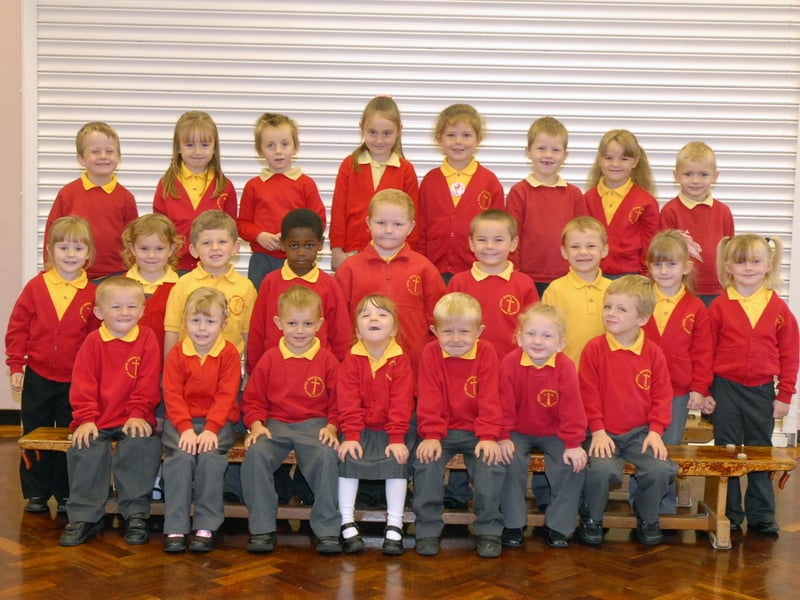 Mrs Davison's class posed for this first photo at Jarrow Cross Primary 20 years ago.