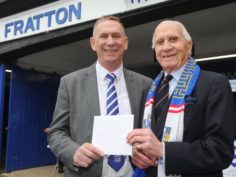 Pictured is: Alan Knight presenting a 90th birthday card to Peter Hames
Picture: Sarah Standing (220419-6464)