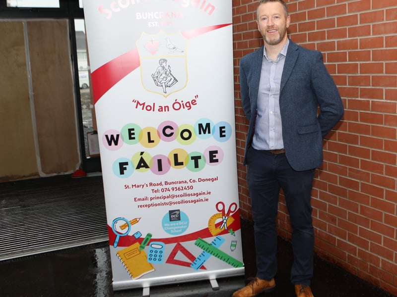 Acting Principal Shay Kinsella welcomed pupils and staff to the new Scoil Íosagáin on Tuesday morning
