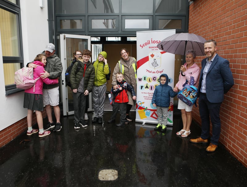 Acting Principal Shay Kinsella welcoming some of the special education classes to the school. Also in the photograph is Anne O'Hagan.