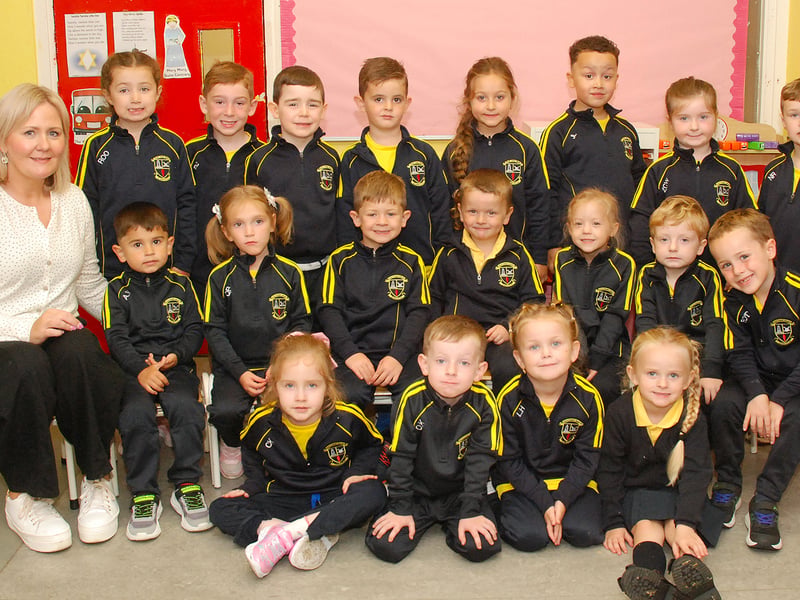 Pictured on their first day at school are the Junior Infants Class (1A) of Corville National School 2026 with Teacher Dolores Fitzpatrick. Photo: PJ Wright