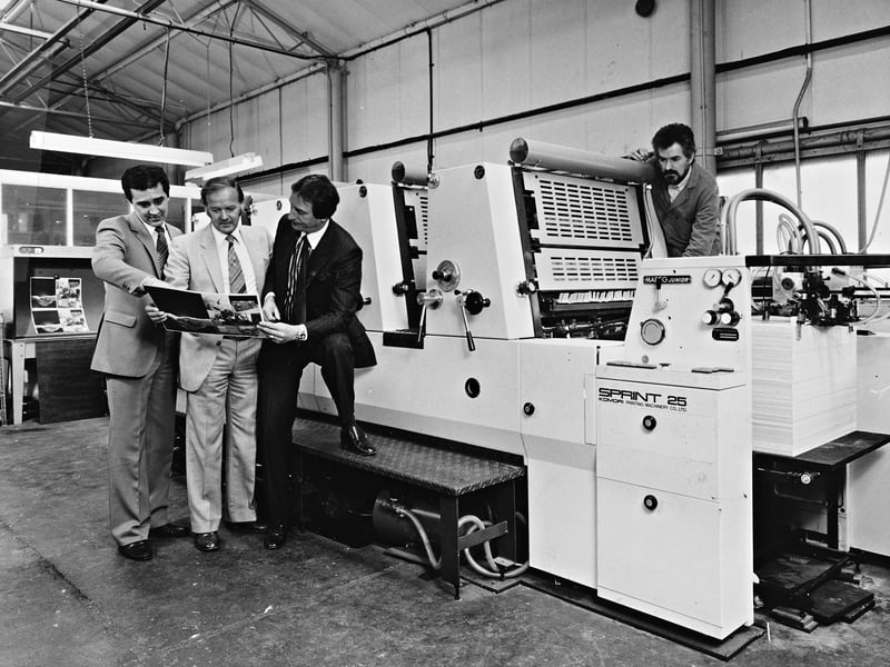 Spartan Print of Warley expanded its factory and invested £200,000 in new equipment in August 1983 as the colour and packaging printer responded to growing demand. Among the new machinery was a Komori Sprint 25 four-colour press, used to print literature, packaging and posters. Pictured with the press are works director Les Ward, managing director Roy Harris, sales manager Barry Jones and machine manager Dennis Beresford. The company had increased its turnover by 50 per cent in just three years, reflecting the strength of local manufacturing and printing. Do you remember Spartan Print or working in the printing industry? What local firms were thriving during the 1980s?