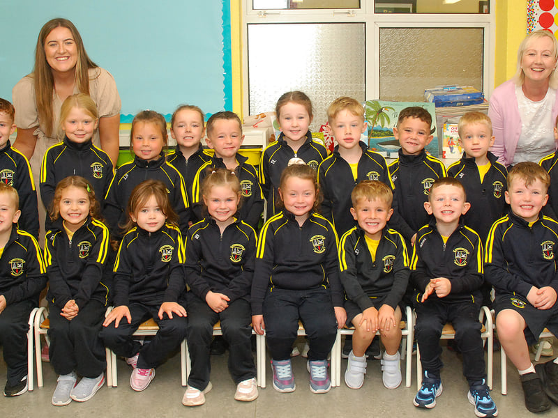 Pictured on their first day at school are the Junior Infants Class (2A) of Corville National School  2026 with Teachers Clara Bourke and Breda Sherlock. Photo: PJ Wright