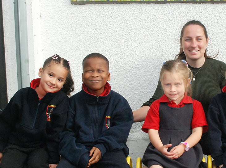 Pictured on their first day at school are theJunior Infants Class of St Cronan's, Rosemount, 2026 with Teacher Clodagh Lalor. Photo: PJ Wright