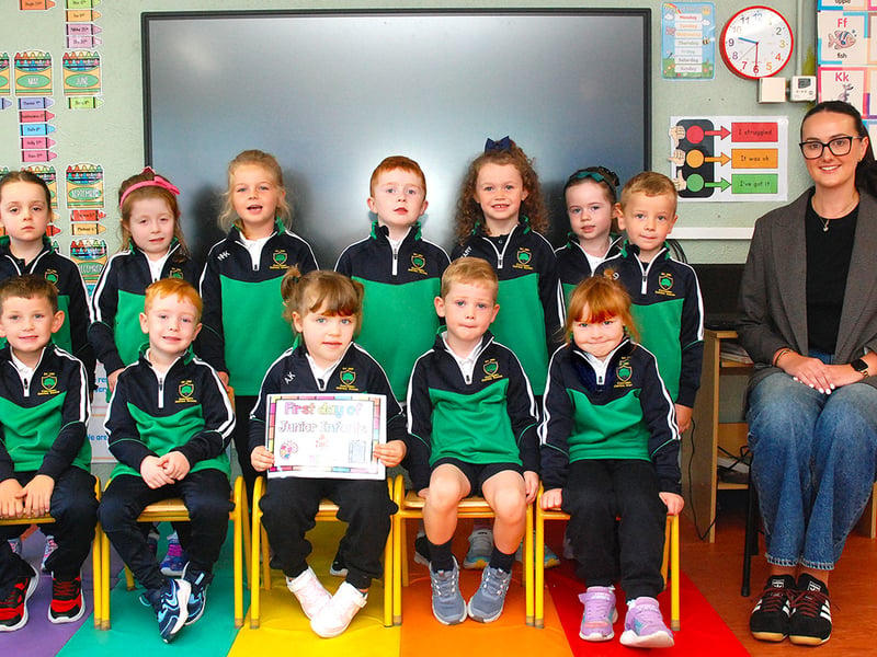 Pictured on their first day at school are the Junior Infants Class of Coolderry National School 2026 with Teacher Jennifer Nolan. Photo: PJ Wright