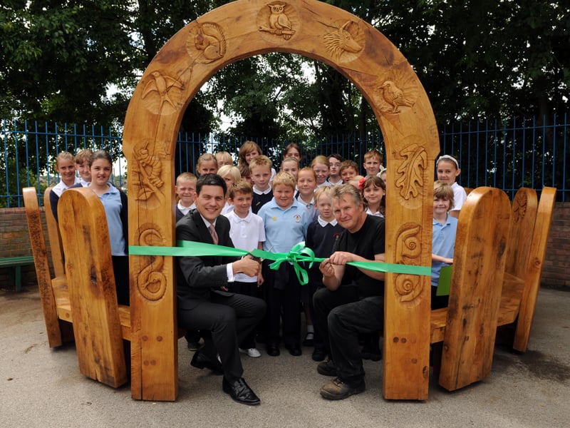 The new outdoor reading area at Mortimer Primary School was opened in 2011. Here is South Shields MP David Miliband with pupils and sculptor David Gross, right.