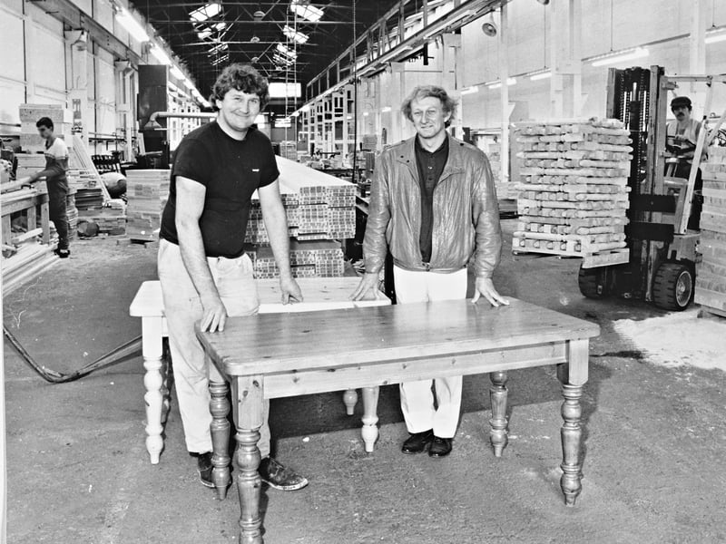 Furniture manufacturer Top Craft was expanding again in November 1987, opening another factory at Peartree Lane, Dudley, and creating at least a dozen new jobs. The five-year-old company had already outgrown its original premises and its larger factory in Cradley Road, Cradley Heath. The new site allowed Top Craft to introduce ranges of pine tables, chairs, headboards and beds. Managing director David Sleigh is pictured with Andrew Clarke. Do you remember Top Craft or its Cradley Heath factory? Did you or someone you know work in the local furniture industry during the 1980s?