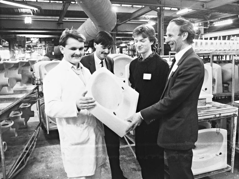 Pupils from Rugeley’s sixth-form college were given a behind-the-scenes look at industry during a visit to the Armitage Shanks factory near Lichfield in November 1986. The 38 students toured the technical and production departments and quizzed managers about how the Staffordshire firm operated. Pictured on the production line are production worker John Templeton, personnel officer Kevin Woolly, student Sean Jelliman and college director Alan Derbyshire. Do you remember school or college visits to local factories? Did a trip like this influence your choice of career?