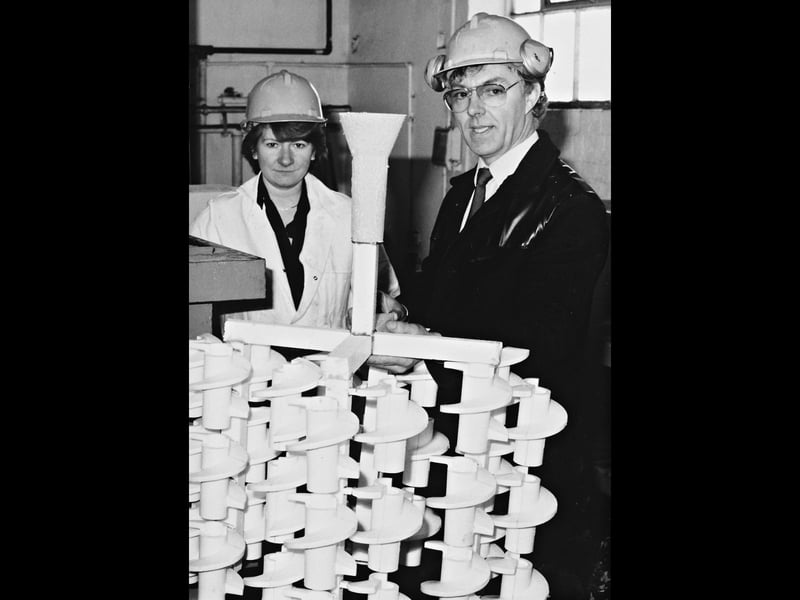 Bradley and Foster in Darlaston was looking to new technology and markets after surviving the recession that had cost thousands of jobs in the foundry industry. The company, whose roots stretched back to 1883, had built an international reputation for heat and wear-resistant castings. In April 1987, it became the first foundry in the Midlands to invest in the new Replicast full-mould process, allowing it to produce complex castings for new markets. Production director Martin Johnson and special projects engineer Debbie Kinvig are pictured inspecting a complex polystyrene casting tree. Do you remember Bradley and Foster or its Darlaston foundry? Did you or someone in your family work in the local foundry industry?