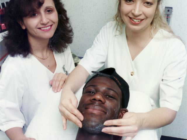 Pictured at the Beauty Salon at Hillsborough Leisure Centre, where Sheffield Wednesday player Chris Bart-Williams is seen having a facial.From left to right: Amina Saleh and Gillian Wilson - 14 February 1995