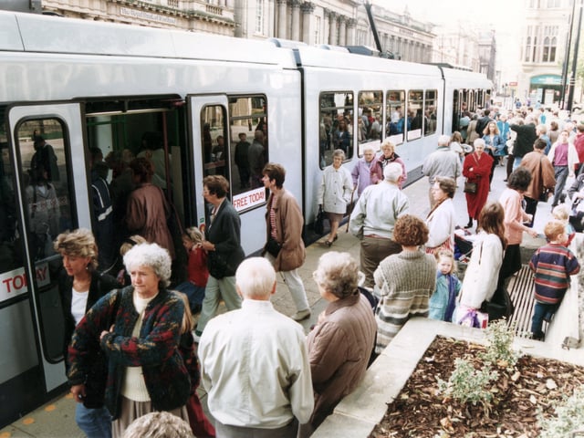 Busy day for supertram as the passengers take advantage of the free rides to celebrate the opening of the final section to Hillsborough and Middlewood - 23rd October 1995