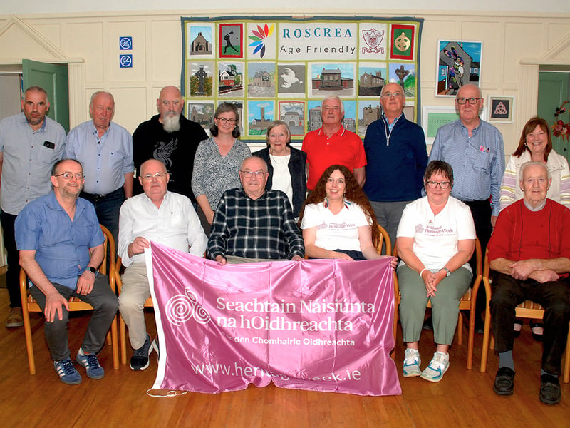 Roscrea Heritage Society’s event organiser Pamela Aitken is pictured during Heritage Week 2026 with some of the many musicians, singers and storytellers which made the event such a great success again this year. Photo: PJ Wright 