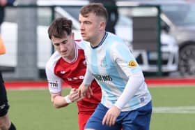 Colin Kelly of Salthill Devon and Oisin Duffy of Colga in an FAI Junior Cup clash between the sides in Kilcornan last season.