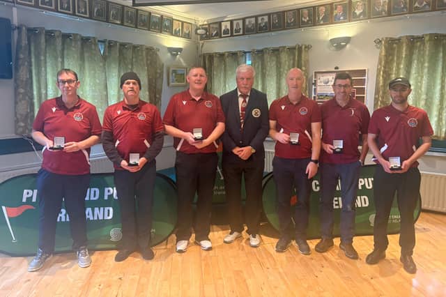 The Galway Intermediate Pitch & Putt team, from left: Tony O'Connor, James Fleming, James McLoughlin, Davey Reddin (President of Pitch & Putt Ireland), Donal Tarpey, Allan O'Keeffe, and Kevin Walsh.