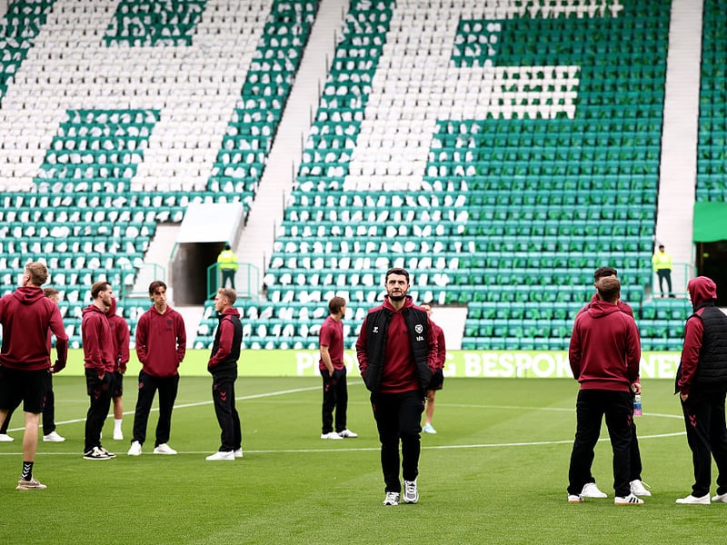 Craig Halkett of Hearts is seen with team mates prior to the William Hill Premiership 2026/27 match between Hibernian and Heart of Midlothian