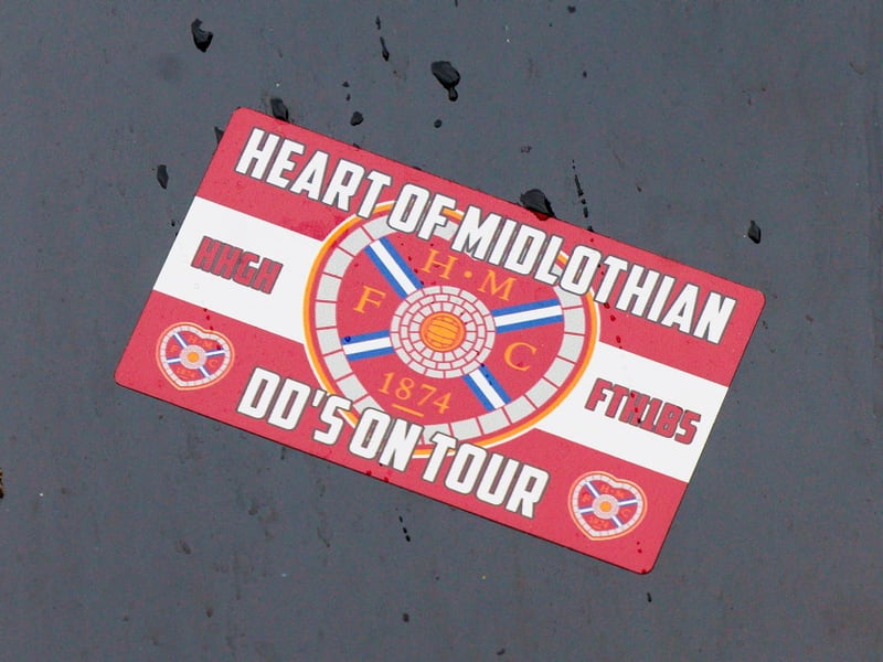 A general view of a Hearts sticker outside the stadium before a William Hill Premiership match between Hibernian and Heart of Midlothian at Easter Road