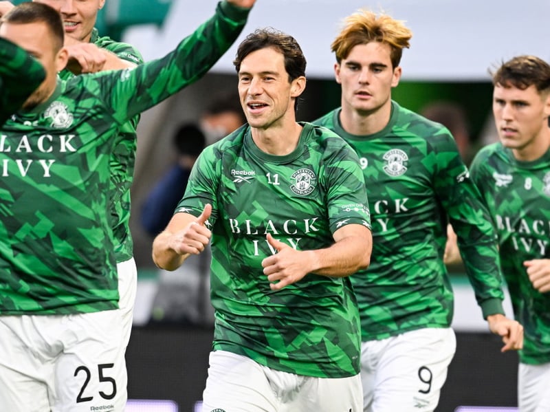 Hibernian's Joe Newell warms up during a William Hill Premiership match between Hibernian and Heart of Midlothian