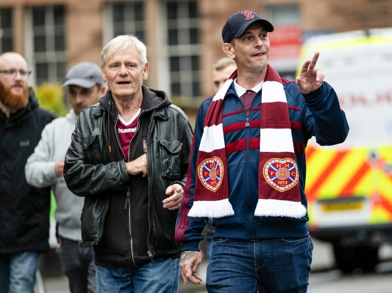 Hearts fans arrive at the stadium before a William Hill Premiership match between Hibernian and Heart of Midlothian