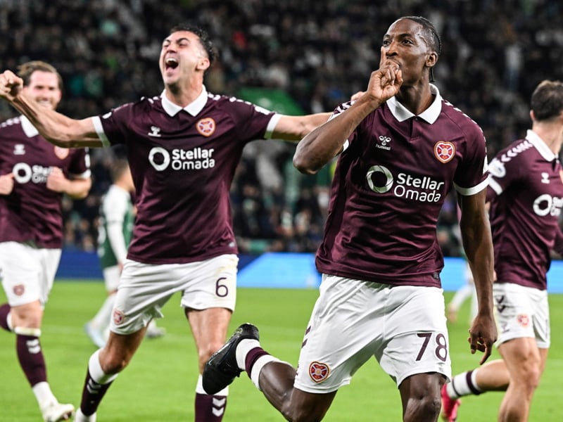 Hearts' Laurent Mendy celebrates scoring to make it 2-0