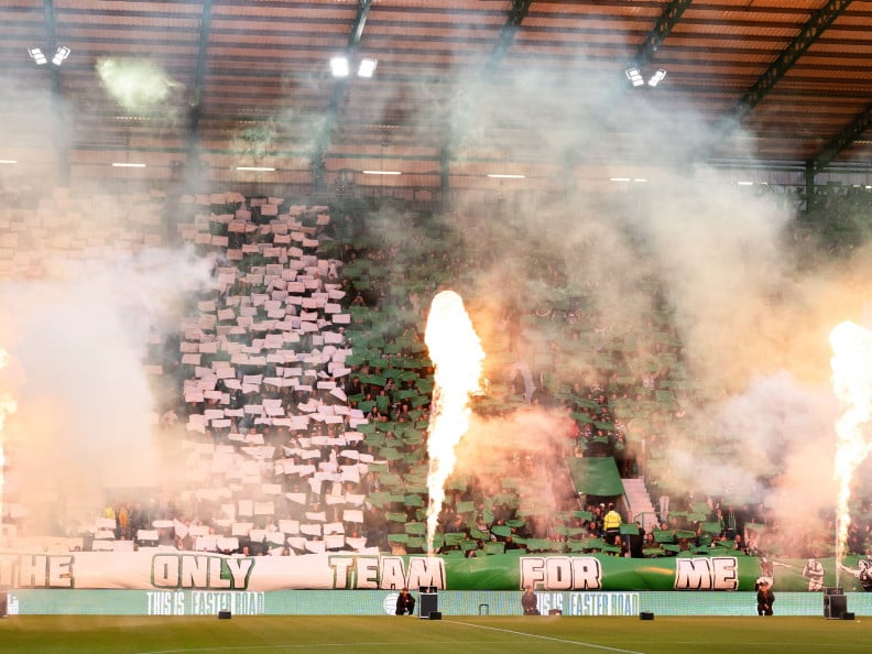 A general view of a Hibernian fans display during a William Hill Premiership match between Hibernian and Heart of Midlothian