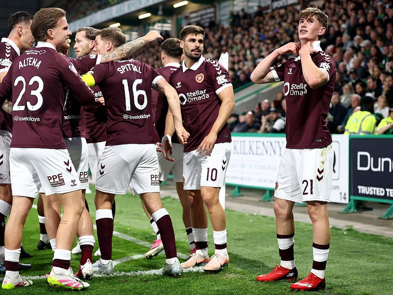 James Wilson of Hearts celebrates after scoring his teams first goal