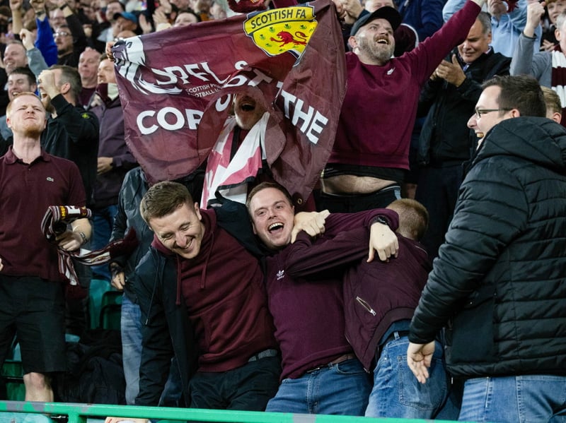 Hearts fans celebrate as James Wilson scores to make it 1-0 during a William Hill Premiership match between Hibernian and Heart of Midlothian