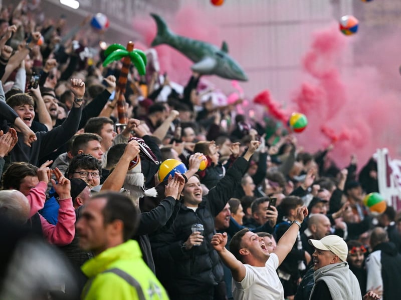 Hearts fans with beachballs during a William Hill Premiership match between Hibernian and Heart of Midlothian 