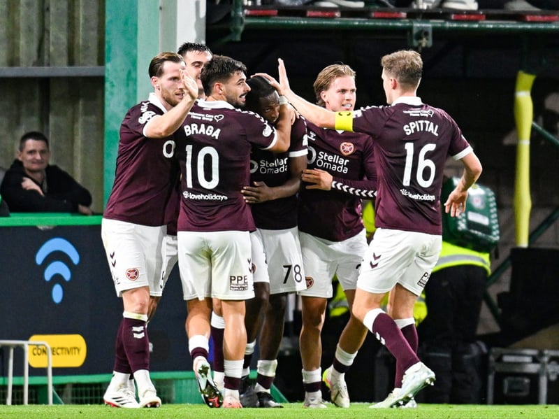 Hearts' Laurent Mendy (C) celebrates scoring to make it 2-0