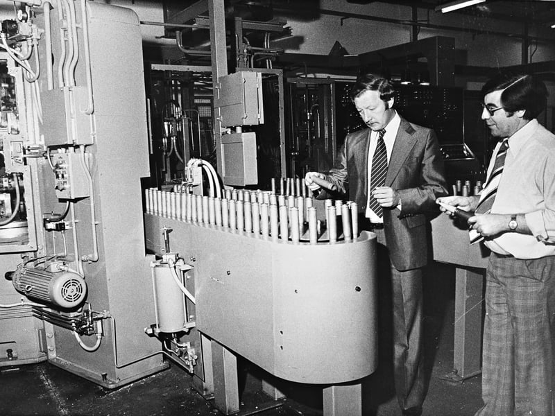 Graham Wood and Geoffrey Giles are pictured carrying out the final inspection of shell casings at Snyder Auto in Wednesfield in February 1980. The photograph offers a glimpse of the careful checking involved in local manufacturing, where precision was essential before products left the factory. Do you remember Snyder Auto or its Wednesfield works? Did you or someone in your family work there during the 1980s?