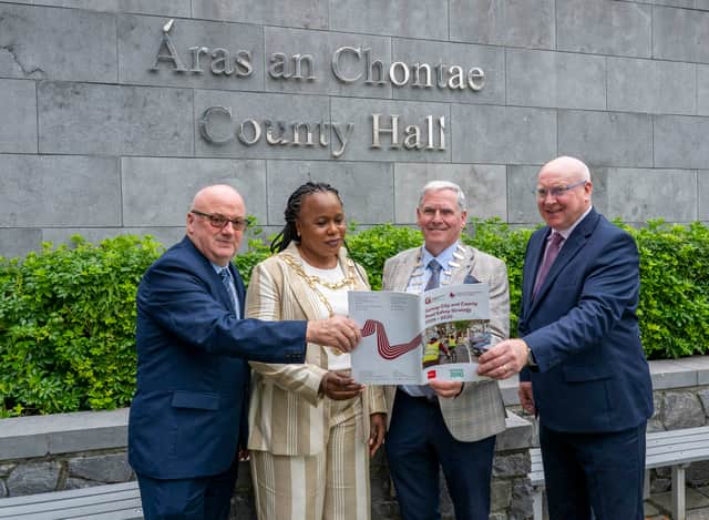 Galway City Council Director of Services  Patrick Greene; Mayor of Galway Cllr. Helen Ogbu, Galway County Council Leas Cathaoirleach Cllr. Michael Regan and Liam Connealy, CE, Galway County Council, at the launch of the Galway City and County Road Safety Strategy.
