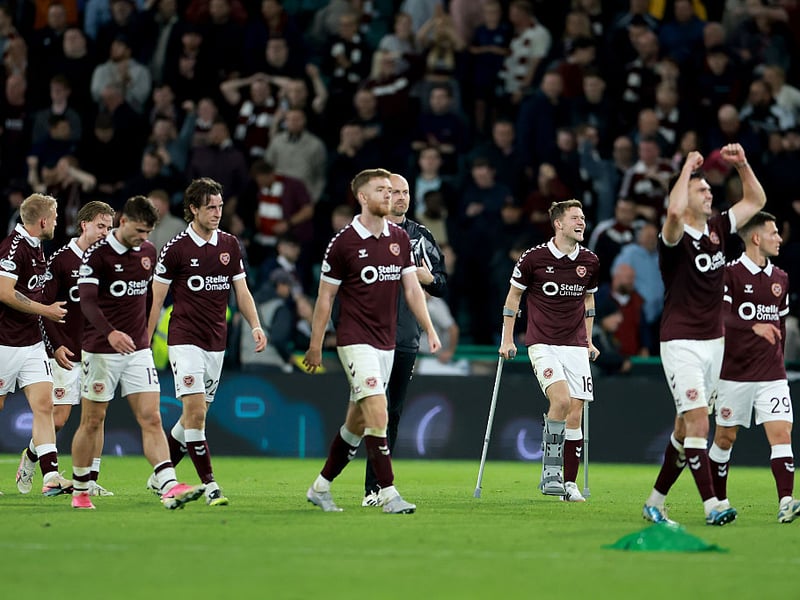 Blair Spittal of Hearts celebrates with team mates after winning the William Hill Premiership 2026/27 match between Hibernian and Heart of Midlothian