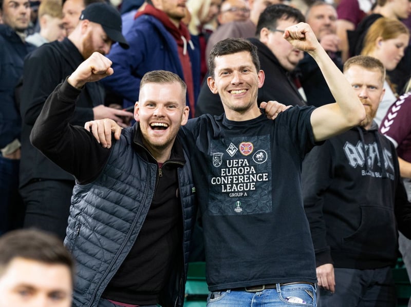 Hearts fans celebrate during a William Hill Premiership match between Hibernian and Heart of Midlothian