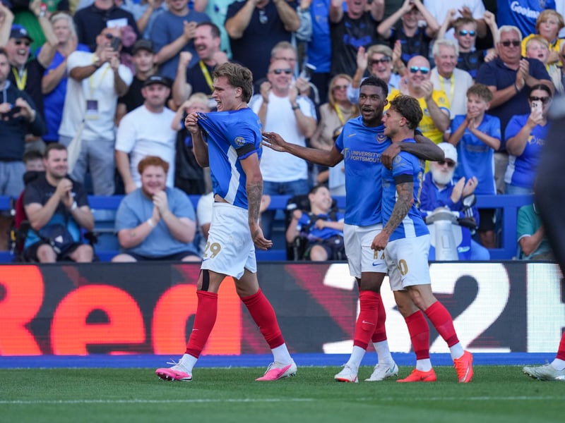 Marko Milovanovic celebrates after scoring Pompey's second in their 2-0 win over Cardiff. Picture: Jason Brown
