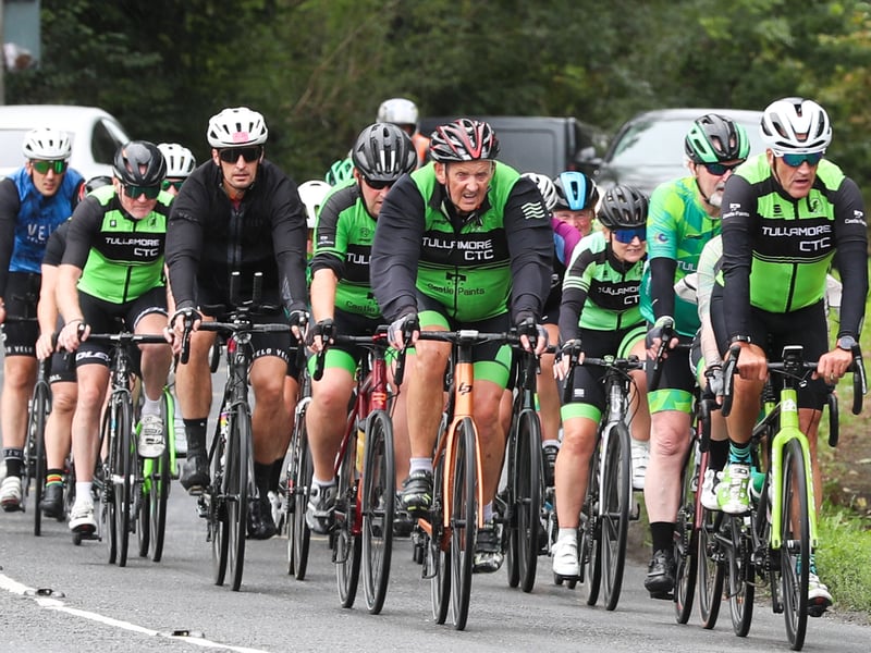 A tightly bunched peloton closing in on the finish line at the  Pedal the Peaks Pat Colgan Challenge. 