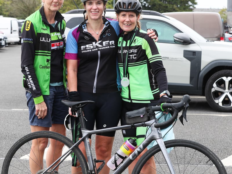 Fiona Claffey Tullamore CTC, Louise Mooney, Esker Cycling and Touring Group and Amanda Owens after completing the 90k route at the Pedal the Peaks Pat Colgan Challenge.