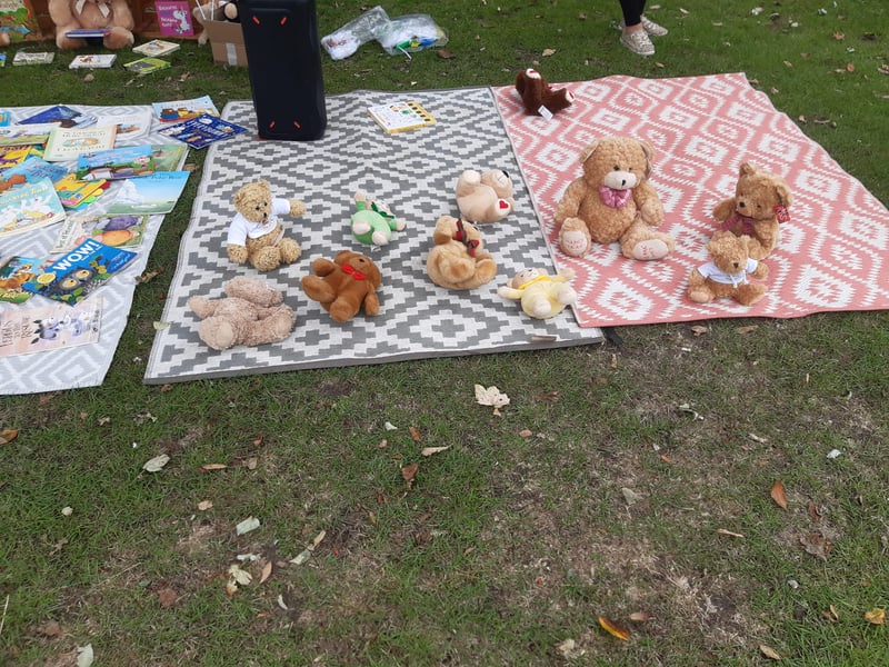 Some of the teddy bears waiting for their picnic