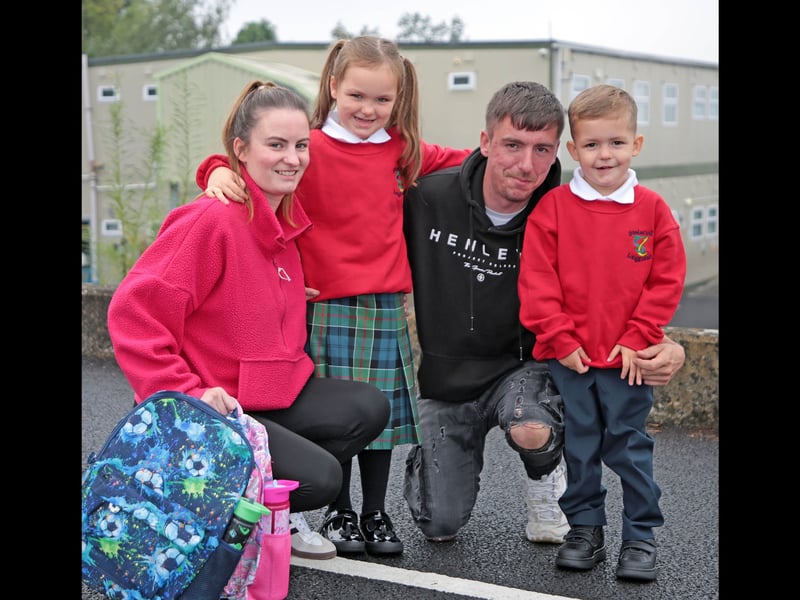 Angela, Mila, Aaron and Joey Duke soaking up the first day at school excitement at Gaelscoil Longfoirt