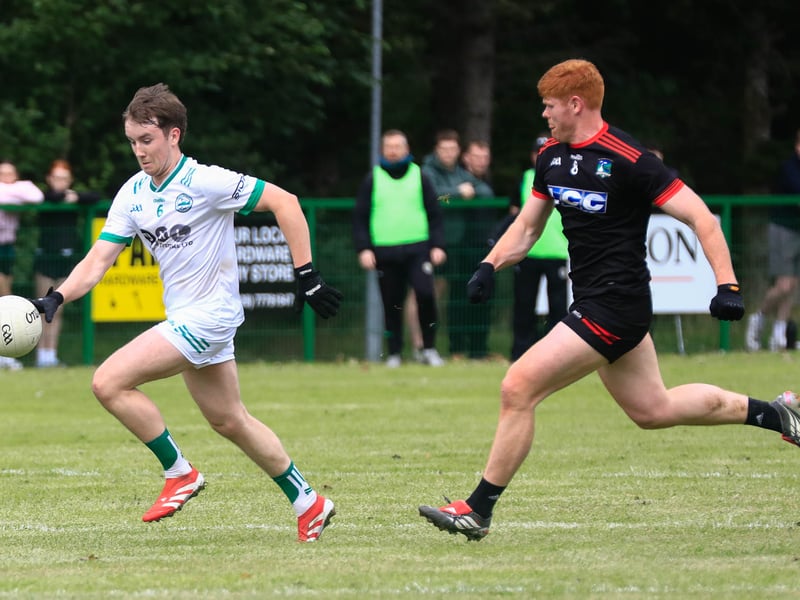 Craigbane’s player pushes forward with the ball in the McFeely Group Derry IFC Group B game, Craigbane v Lissan, on Saturday.