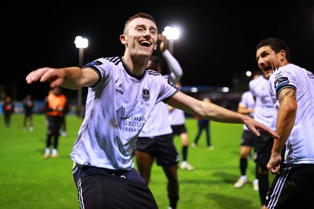 Lee Devitt celebrates with the Galway United fans after the full-time whistle in Drogheda on Friday after he scored the winner in their FAI Cup quarter-final tie.