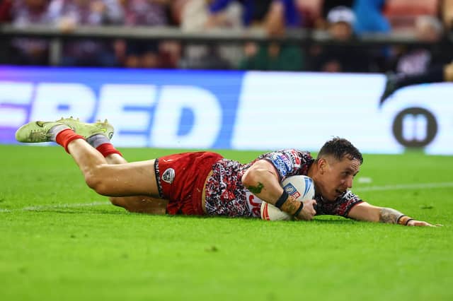 Adam Cook scoring a try for Leigh Leopards