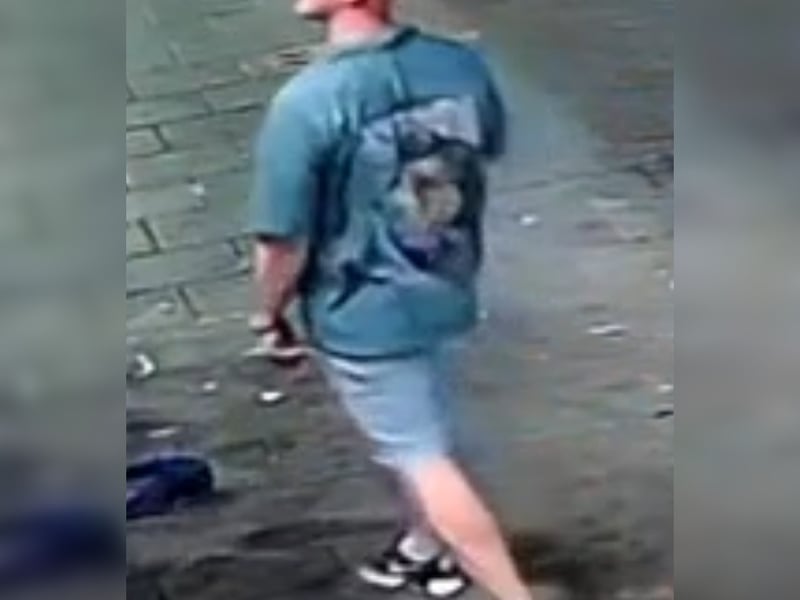 Man with short brown hair, open green t-shirt, black t-shirt underneath, grey shorts.