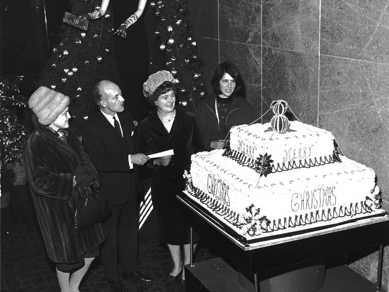 A giant Christmas cake at Goldbergs Department Store, in Tollcross, in December 1965.