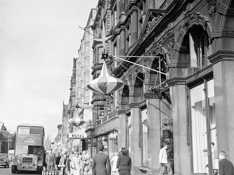 Lantern-style Edinburgh Festival decorations outside Jenners Department Store, in Princes Street, in August 1957.