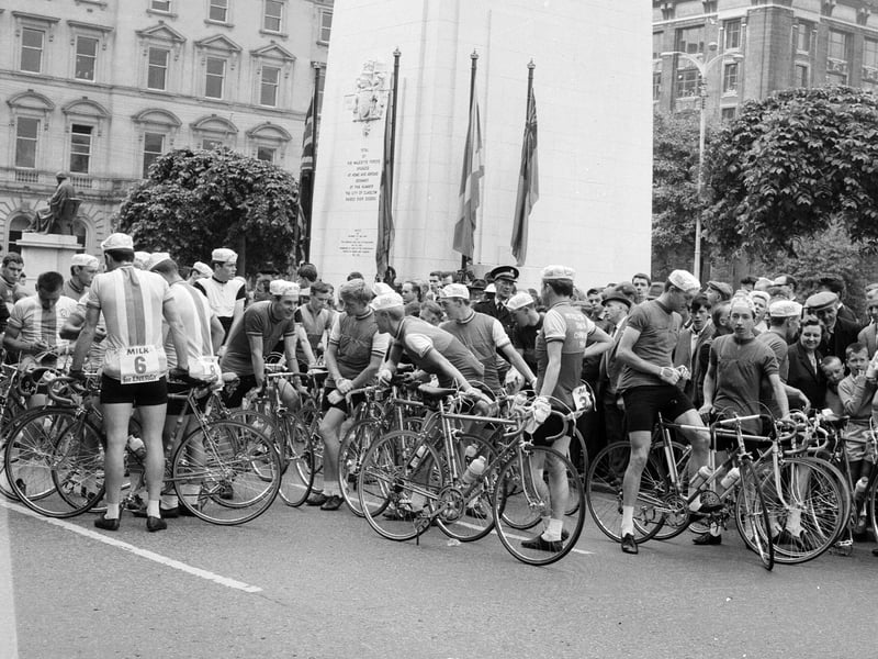 Riders assembled in Glasgow's George Square for the start of the four day Cycle Race of Scotland in July 1965.